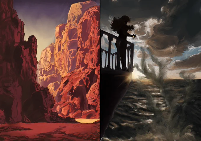2 images 
on left study of mountains a deep red of famous artist 

on right a pirate queen in the morning summoning the waves to her 