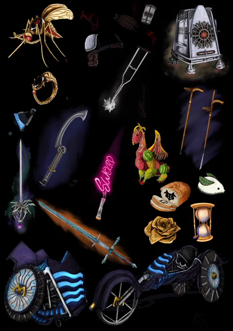 prop designs 

from desserts done for questionable confectionaries 2 to wheelchair designs in modern/sci fi to mobility items form the mosquito for diabetics users sticks the hunters crutches

to fantasy swords  