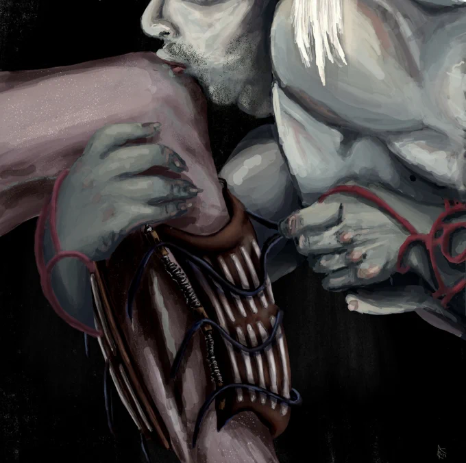 a grey induvial on the bigger side kissing the knee of their partner as the remove their leg splints (medieval style) 