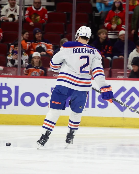 Evan Bouchard on the ice at the United Center. 