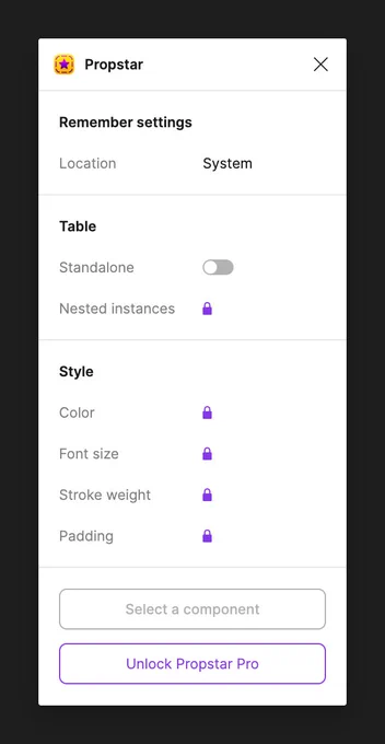 Settings panel for the Propstar plugin for Figma.