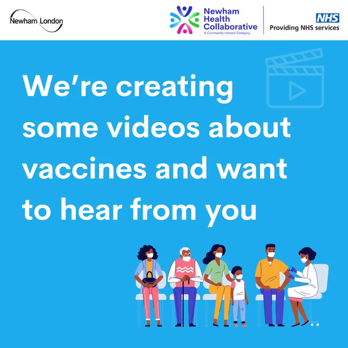Image: Group of people waiting to get vaccinated

Newham health collaboration is  working with @NewhamLondon to produce a series of short videos about vaccines💉 

Want to get involved? Please share your views using the survey links below