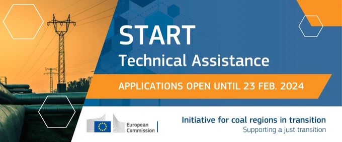 Visual identity for the Coal regions in transition in blue and orange. A photo showing pylons and pipelines and text saying that START technical assistance application are open until 23 February 2024.