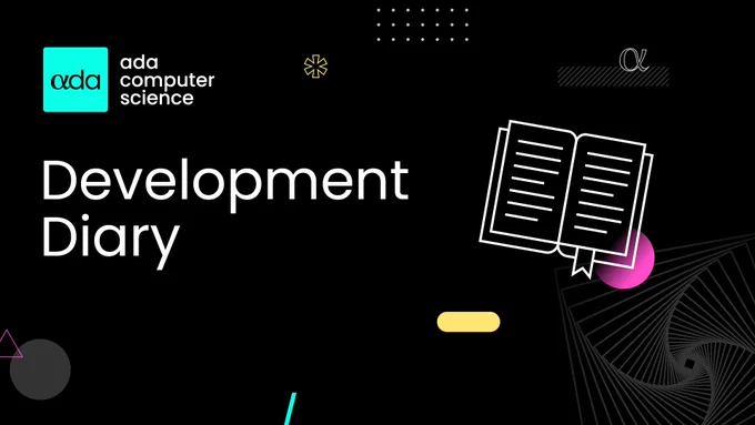 The image showcases the Ada Computer Science banner, featuring a book illustration on the right. Positioned in the top left corner are the Ada Computer Science logo and prominent text below, reading "Development Diary."