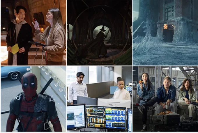 SOURCE: CHRISTIAN BLACK / LUCASFILM / UNIVERSAL / NETFLIX / HBO / DISNEY
[CLOCKWISE FROM TOP LEFT] BEHIND THE SCENES ON ‘THE ACOLYTE’; ‘WICKED’; ‘GHOSTBUSTERS: FROZEN EMPIRE’; ‘LIFT’; ‘INDUSTRY’; ‘DEADPOOL 2’