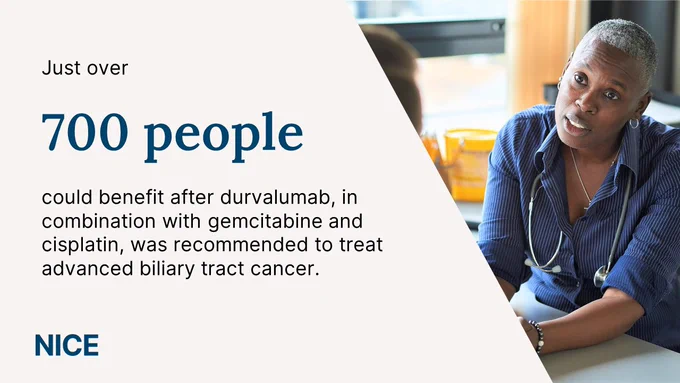 Graphic showing photo of healthcare professional and the following text: Just over 700 people could benefit after durvalumab, in combination with gemcitabine and cisplatin, was recommended to treat advanced biliary tract cancer.