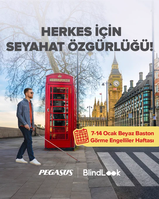 Arka planda geniş bir caddede Londra’daki Big Ben saat kulesi ve meşhur kırmızı telefon kulübesi yer alıyor. Arkasında yaprakları dökülmüş büyük bir ağaç yer alıyor.

Kaldırımdan yaya geçidine doğru elinde beyaz bastonlu görme engelli birey karşıya geçmeye hazırlanıyor. 30’lu yaşlardaki genç erkek birey mavi bir kot, kırmızı kazak, kot ceket ve beyaz spo ayakkabı giyiyor.

Görselin üst, orta bölümünde büyük ve vurgulu harflerle “HERKES İÇİN SEYAHAT ÖZGÜRLÜĞÜ!” başlığı yer alıyor.

Görselin sağ alt tarafında başlığa nazaran daha küçük olacak şekilde, sarı bantın üstüne kırmızı yazıyla 7-14 Ocak Beyaz Baston Görme Engelliler Haftası yazıyor.

Görselin alt orta bölümünde beyaz renkte Pegasus ve BlindLook logosu yer alıyor.