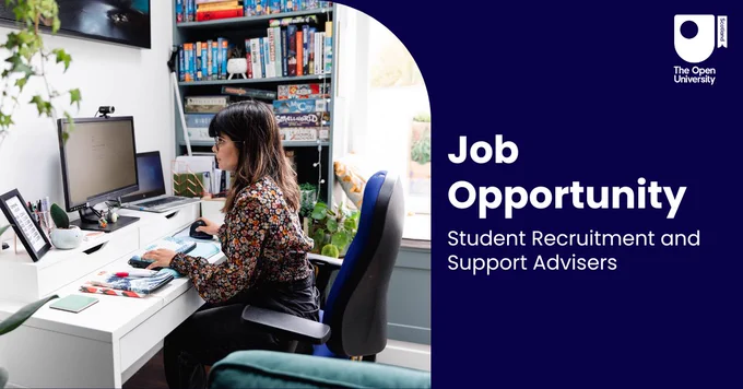 Image: A person working on their computer, sitting at a desk. Text: "Job opportunity, Student Recruitment and Support Advisers"