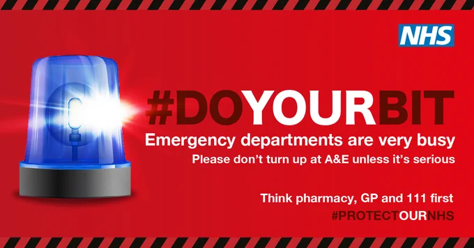 A blue flashing siren on a red background. 
#DoYourBit Emergency departments are very busy. Please don't turn up at A&E unless it's serious. Think pharmacy, GP and 111 first. #ProtectOurNHS
