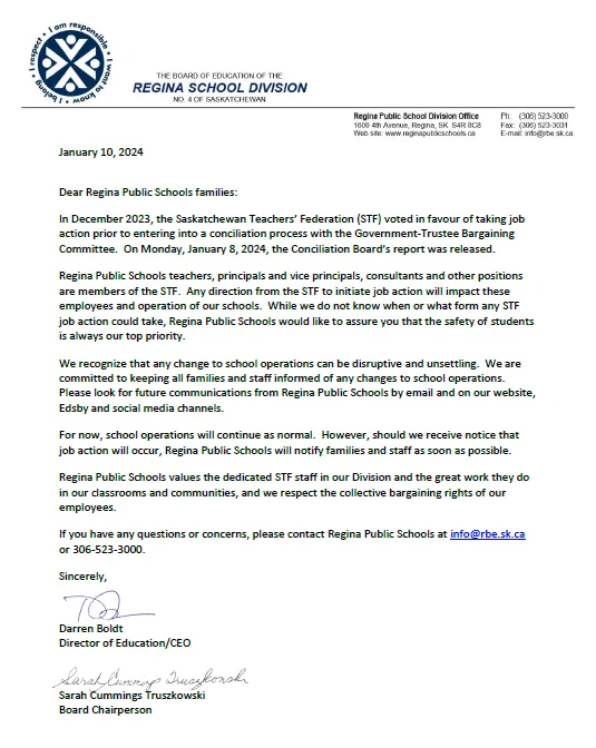 Screenshot of letter sent to all school families.
