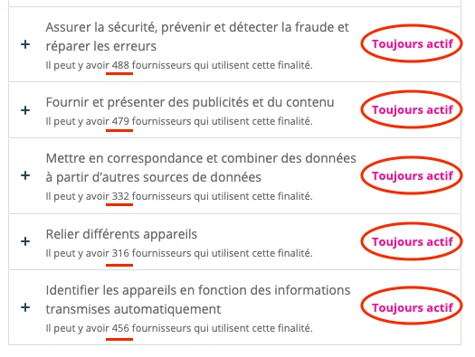 Consentement cookies de Watson : cookies toujours actifs dans 5 catégories, avec plusieurs centaines de fournisseurs à chaque fois (détecter la fraude : 488, présenter de la publicité : 479, combiner des sources de données : 332, reliers des appareils : 316, identifier les appareils : 456.)