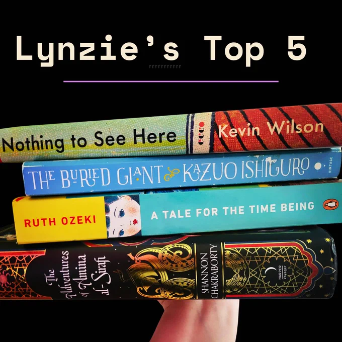 A stack of ARC Reader Team member Lynzie's Top 5 reads of 2023.