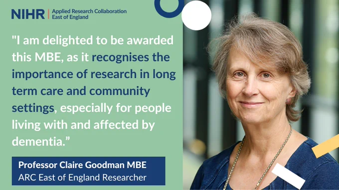 We are thrilled to share that @ARC_EoE's Prof. Claire Goodman has been awarded an MBE for her services to improving the experiences of older people in both #carehomes and those living at home.

Learn more about Claire's #research here➡️https://arc-eoe.nihr.ac.uk/news-blogs/news-latest/arc-east-england-researcher-professor-claire-goodman-honoured-mbe

#NewYearsHonours