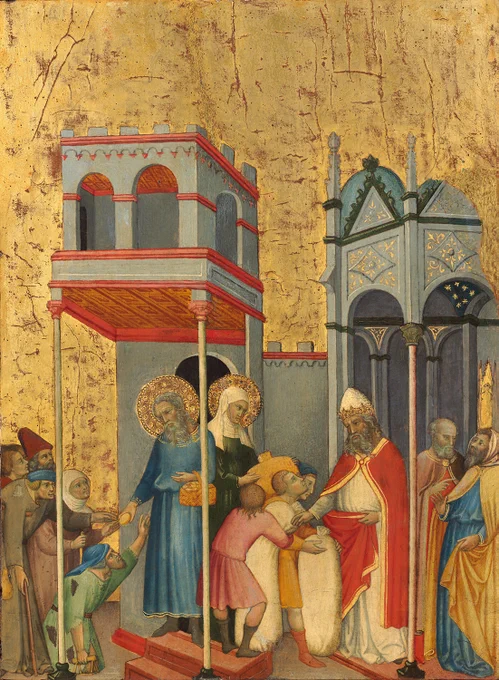 Andrea di Bartolo, Joachim and Anna Giving Food to the Poor and Offerings to the Temple. Oil on poplar, Italy, Siena, ca. 1400–1405. Courtesy National Gallery of Art, Washington, Samuel H. Kress Collection, 1939.1.43.