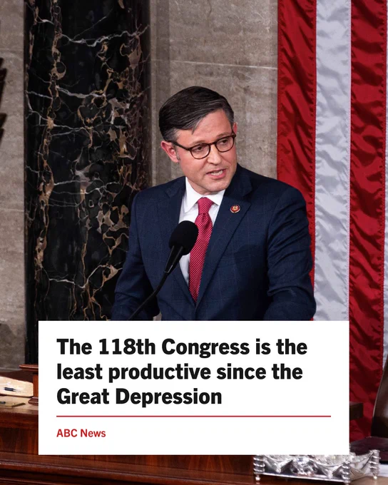 Speaker Mike Johnson delivering remarks from the House Dais, with a text box in the image showing a headline from ABC News reading, "The 118th Congress is the least productive since the Great Depression"