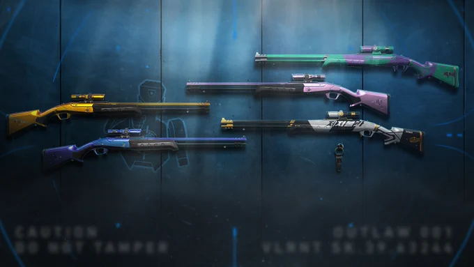 Across a gray and blue shooting range backdrop, the Prism//RELOADED and Ego Outlaw skins, including variants, are displayed. Below them is the bundle’s Gun Buddy. Severely blurred text on the bottom of the image reads: “Caution. Do not tamper. Outlaw 001. VLRNT.”