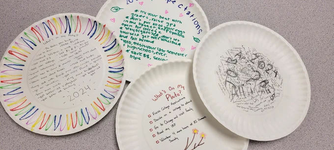 Paper plates with lists of responsibilities 