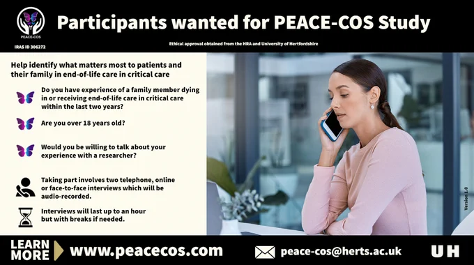 A young white lady with black hair sitting talking on a mobile phone. Text saying participants wanted for PEACE-COS study. Learn more www.peace-cos.com email peace-cos@herts.ac.uk