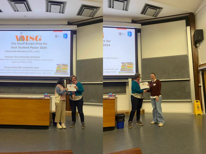 Photos of Tianyuan Zhu and Emma Hadré receiving the certificates for their awards