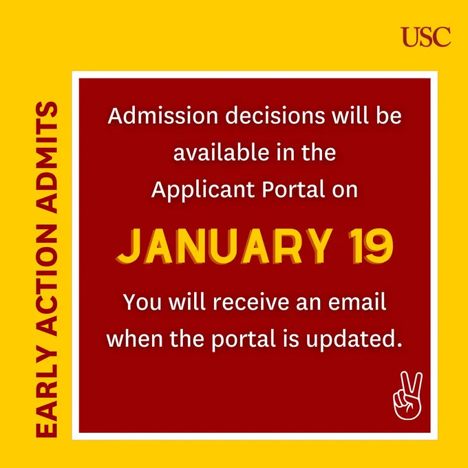 a gold background with a cardinal square inside and the text "Early Action Admits. Admission decisions will be available in the Application Portal on January 19. You will receive and email when the portal is updated"