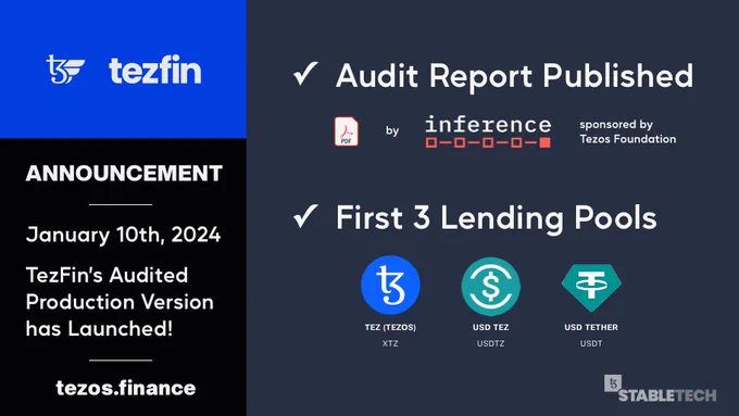 TezFin (Tezos.finance) audited production version has launched. DeFi lending and borrowing on Tezos blockchain. Security audit by Inference AG, sponsored by Tezos Foundation. 