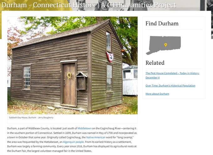 Webpage with text and an image of a house from Durham, Connecticut
