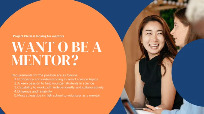 big orange circle with text that reads "Want to be a mentor?" two young women talking to the left.