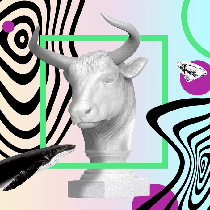 Illustrated collage of a marble statue of a bull, a whale and a diamond surrounded by lines, warped targets and circles scattered all around.
