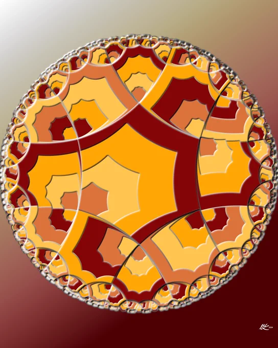 Hyperbolic tesselation of Poincaré circle. Four hexagons meet at each corner. The tiles shrink to nothing towards the circle boundary. Each hexagonal tile has sveral subtiles shrinking towards one corner. A lighting effect gives a little sense of depth to the tiles. Colouring: maroon, orange, BogMyrtle, and HawthornLeaf.