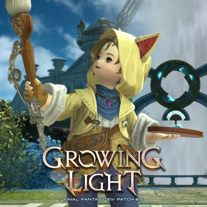 Banner shows the Final Fantasy 14 Patch 6.5 Growing Light logo in the bottom center. In the background is a screenshot of Krile, a Lalafell with blonde hair and blue eyes is dressed in a light-yellow cloak with pointed ears. In one hand she is holding a Pictomancer paint brush up towards the sky while examining it. In the other hand she is holding a paint palette.