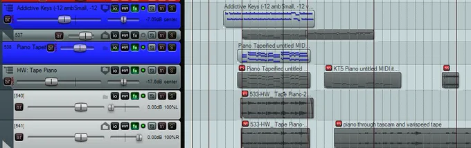 Screenshot of a Reaper project where I tried several things (rendering out to two kinds of tape, using wild plugin chains, trying different octaves, etc.) before landing on *just* the right dusty piano sound for a cue. 

Using hardware tape is a huge time-sink, and although it's given me magic before? ...this time it just wasn't working. In the end, a software plugin chain with Decimort 2 was the answer!