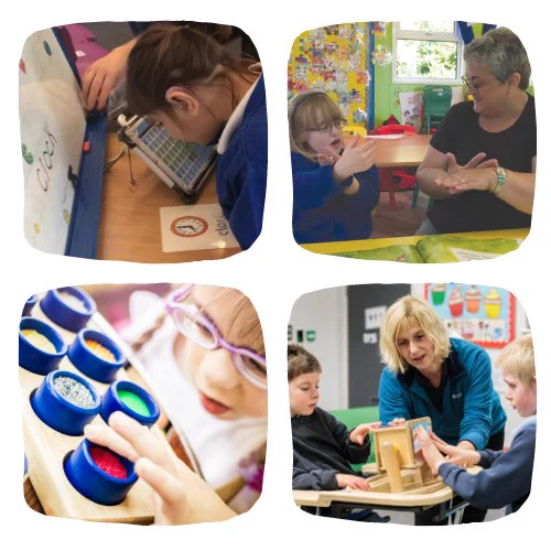 4 images of children interacting with SEND tasks with teachers