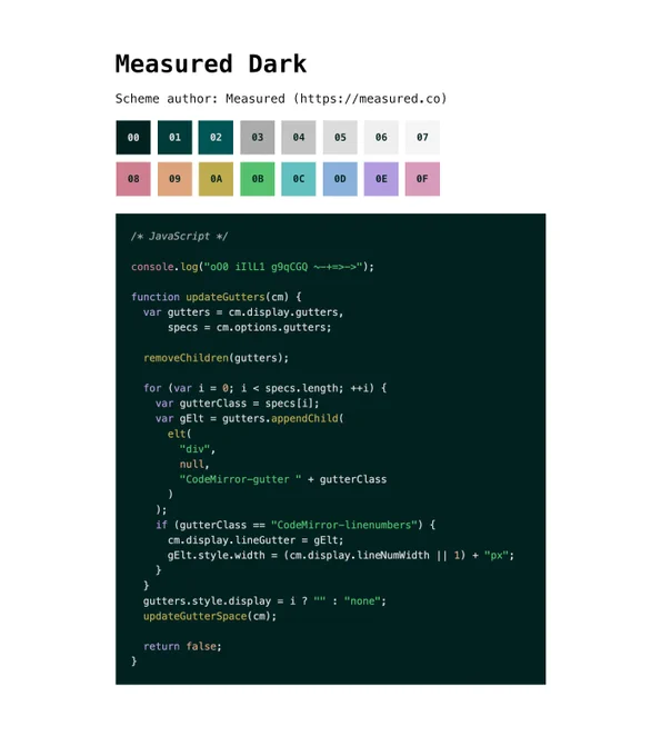 A screenshot demonstrating the Measured Dark base16 color scheme, including swatches of the 16 colors that make up the palette, and a Javascript code sample using the scheme for syntax highlighting.