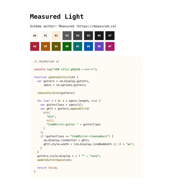 A screenshot demonstrating the Measured Light base16 color scheme, including swatches of the 16 colors that make up the palette, and a Javascript code sample using the scheme for syntax highlighting.