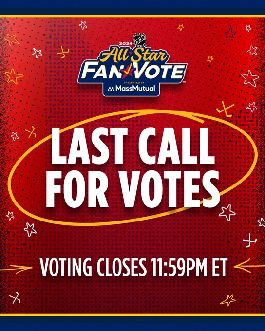 Top: The 2024 All-Star Fan Vote logo is on a textured red background that has doodled hockey sticks and stars. 

Below: White text that has a yellow circle drawn around it reading, "Last call for votes. Voting closes 11:59pm ET".