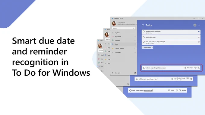 Microsoft To Do U I. Text reads "Smart due date and reminder recognition in To Do for Windows."