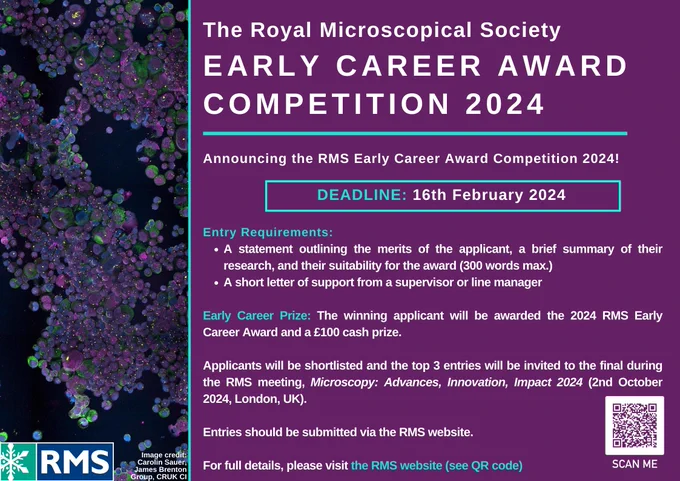 Flyer for the 2024 RMS Early Career Award Competition. White text on purple background.