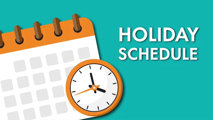 calendar and clock with text Holiday Schedule