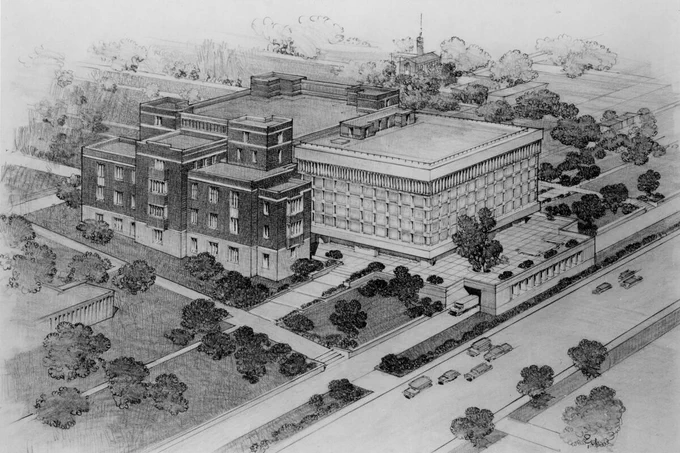 Architectural rendering of proposed wing to the general library building. Black and white rendering