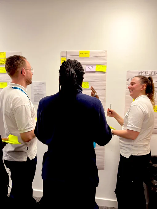 3 people looking at a swim lane process map. They are holding post it notes and pens and smiling at each other