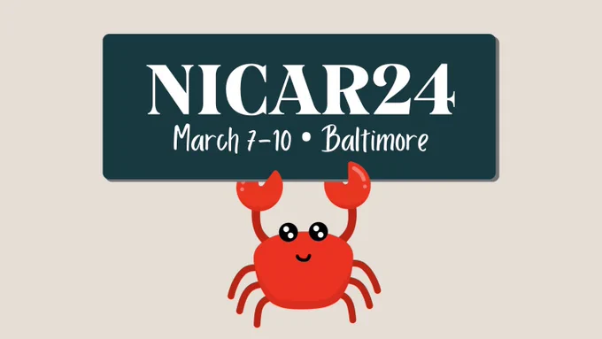 A red (very cute!) cartoon crab holding up a teal “NICAR24” sign. The conference will take place March 7-10 in Baltimore, Maryland.