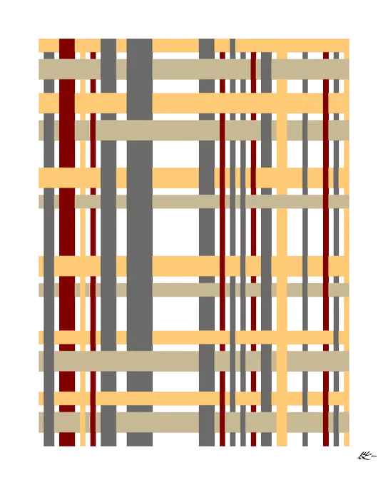 A weaving of bands of different thickness in four colours (a soft creamy yellow, a light and dark grey, and maroon). The gaps also vary in thickness.