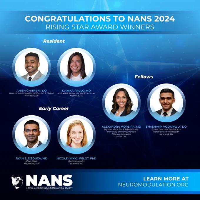 Congratulations 
NANS 2024 
NANS Rising Star Award Winners


NANS Rising Star Resident Award 
Ahish Chitneni, DO 
New York Presbyterian - Columbia & Cornell
New York, NY 
Danika Paulo, MD 
Vanderbilt University Medical Center
Nashville, TN
 
 
NANS Rising Star Fellow Award
Alexandra Moreira, MD
Physical Medicine & Rehabilitation
University of Miami/Jackson Memorial Hospital
Miami, FL
Shashank Vodapally, DO 
Zucker School of Medicine at Hofstra/Northwell Health
New York, NY
  
NANS Rising Star Early Career Award

Ryan S. D'Souza, MD
Mayo Clinic
Rochester, MN 
Nicole (Nikki) Pelot, PhD
Duke University
Durham, NC

Learn More: neuromodulation.org
NANS logo

