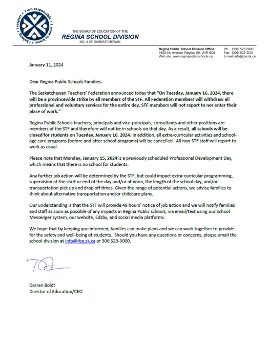 January 11, 2024 letter to families. This is also available on website. 