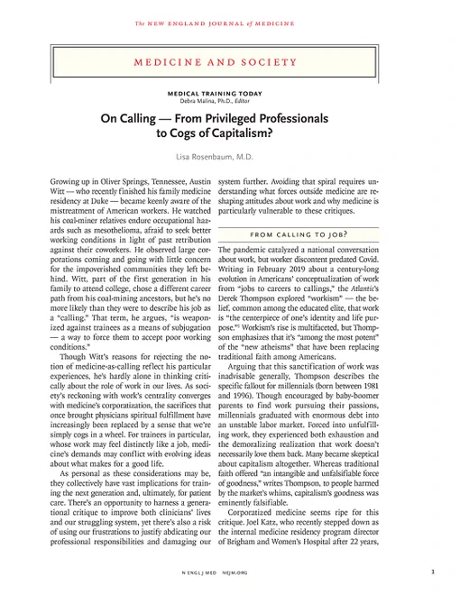 Page 1 of "On Calling — From Privileged Professionals to Cogs of Capitalism?"