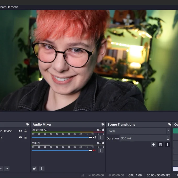 A snippet from OBS showing Em, a nonbinary person with short red hair, smiling and wearing black glasses with a black jacket, sat in a warmly lit room with green walls and a bookshelf edged with monstera plants hanging, mingled with fairy lights.