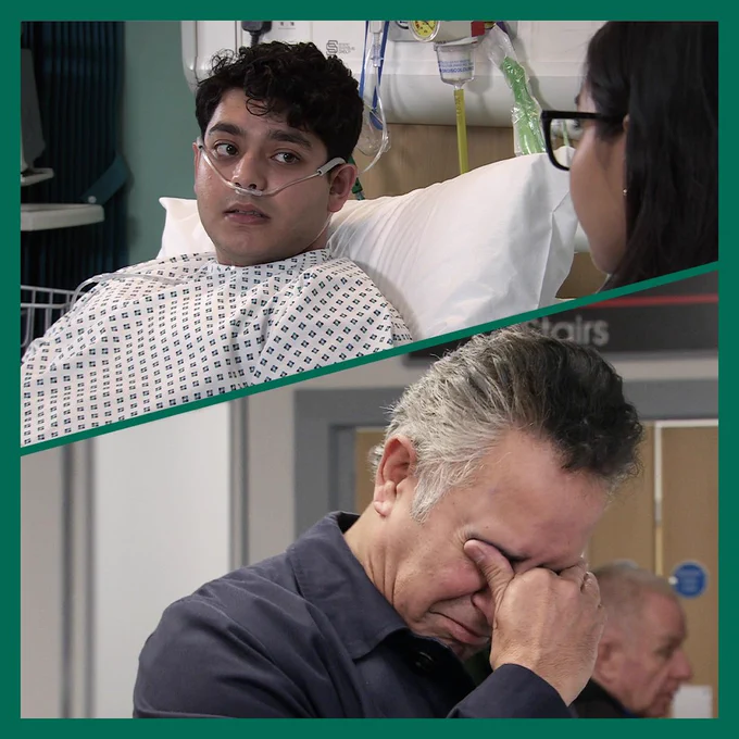 The image is split into two. Top image: Aadi is lying in a hospital bed. Bottom image: Dev is holding his eyes are he cries.