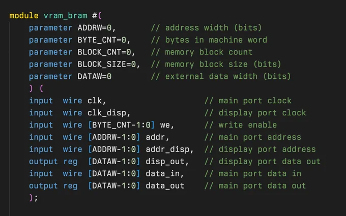 Verilog source for VRAM module in BRAM showing parameters, inputs, and outputs.
