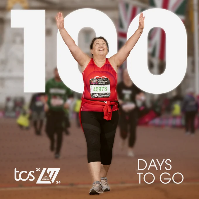 An asset to mark 100 days to go until the 2024 TCS London Marathon

The asset features a photo of a woman celebrating as she crosses the finish line on the Mall

There is large white text behind her that displays the number "100"

There is smaller white text in the bottom right hand corner that reads "DAYS TO GO"

The TCS London Marathon logo is in the bottom left hand corner