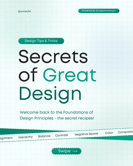 Hi guys, 

In this post, I'm going to show you the Secrets of Great Design 🎨.

You might be wondering what this is. Although, it's time to review our design knowledge and eventually discover new trends.

From alignment to color mastery, these slides unravel the crucial elements that shape outstanding visuals. So, let's unlock the secrets together!

#design #tips #tricks #exceptionalways #tutorial #designhelp #freetutorial